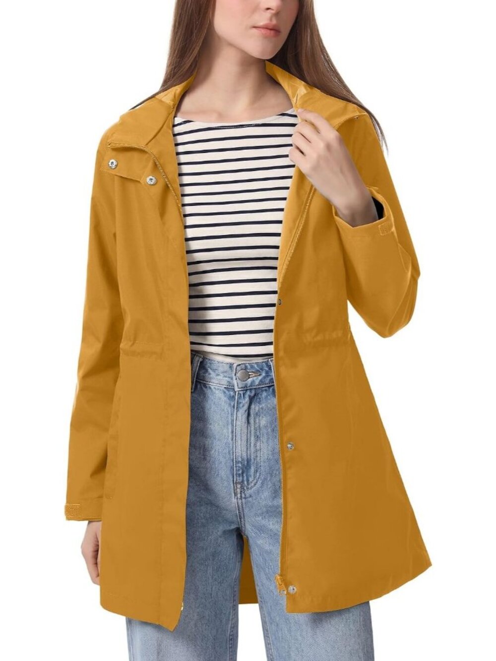 Women's Yellow Rain Jacket Waterproof Hooded Long Raincoat Zipper Pockets